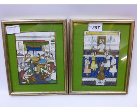 Two Indian framed ivory miniature studies; depicting interior courtly scenes.