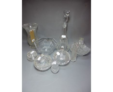A collection of cut crystal to include a decanter, three vases, a bowl, three bonbon dishes and a basket. 