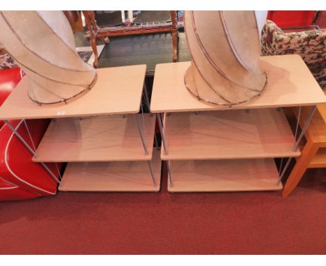 A pair of contemporary two tier bookcases with light oak veneer and steel supports. H-86cm W-80cm D-40cm