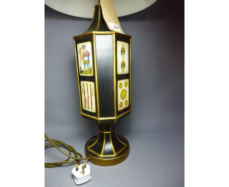 A Regency style black painted table lamp with partial gliding and painted playing cards. H-74cm 