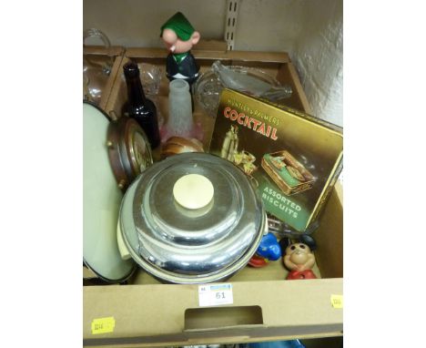 Pair Art Deco period bookends, similar period chrome and Bakelite ice bucket, Huntley & Palmers 'Cocktail Assortment' tin and