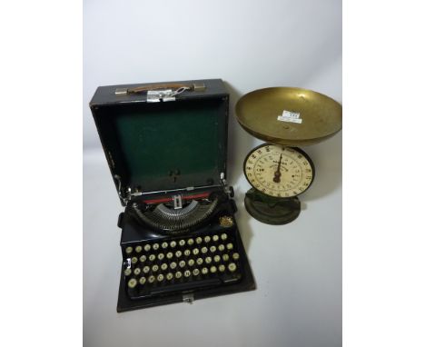 Vintage Salter 'Silver & Copper Checker' scales H31cm and an Imperial 'The Good Companion' portable typewriter
