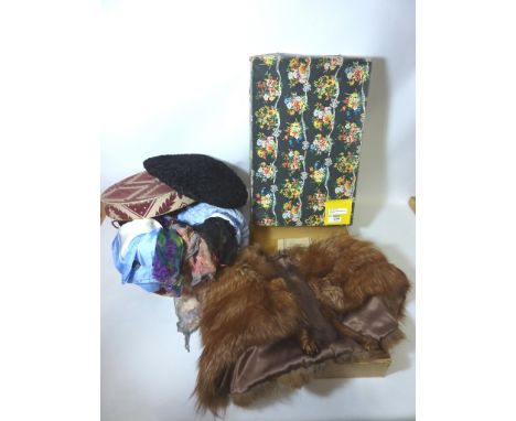 Vintage clothing and accessories - fox fur capelet, astrakhan fur hat and a collection of scarves in Marshall and Snellgrove 