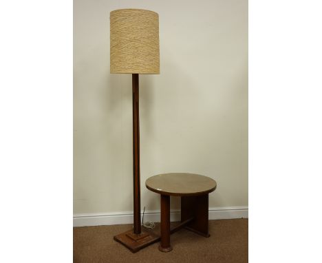 Art Deco period walnut circular coffee table (D61cm, H52cm), and a 1970's teak standard lamp (H160cm (minus shade))