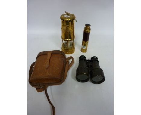 Wood and brass three draw telescope, a miners lamp and early 20th century binoculars by W.S Watts Paris.