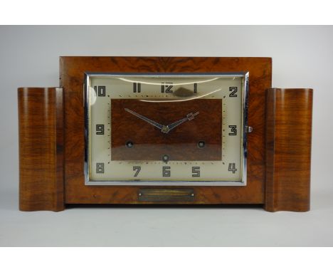 Art Deco period walnut mantle clock, chiming movement, engraved plaque '...Sowerby Bridge Industrial Society LTD...', W42cm