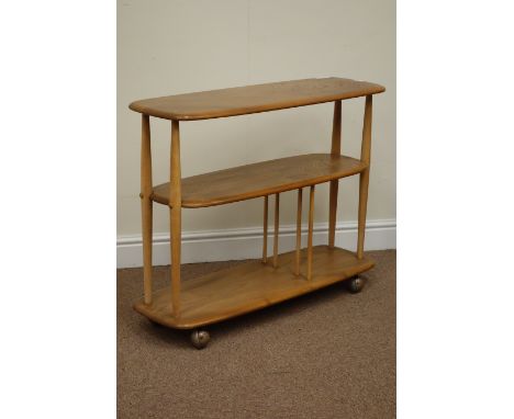 Ercol light elm three tier bookcase trolley with divider, W90cm, H71cm, D32cm