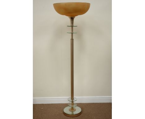 Art Deco period mirrored up-lighter on weighted mirrored base, with reeded column, circular glass trims and original shade H1