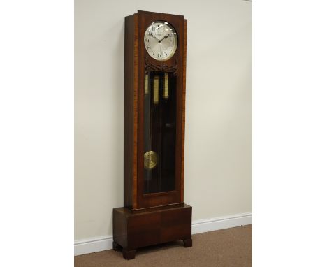 Art Deco period oak longcase clock, walnut banding to door with chequered veneer to base, triple weight chiming movement by G