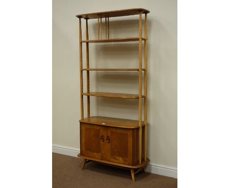 Ercol light elm room divider fitted with two adjustable shelves and double cupboard below, W90cm, H190cm, D43cm 