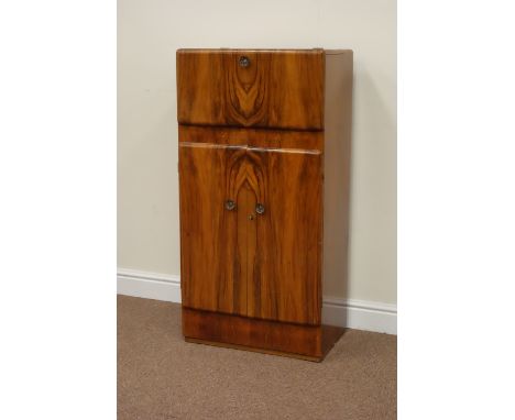 1950s vintage retro walnut cocktail cabinet with fall front top enclosing mirrored interior, W58cm, H114cm, D37cm