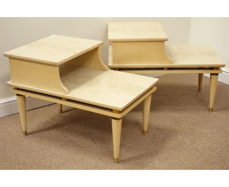 Pair 1950s bedside/sofa tables, bleached mahogany finish, raised on tapering legs, 76cm x 49cm, H54cm