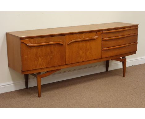 Beautility vintage retro teak sideboard, fitted with centre fall front compartment, cupboard and three drawers, W184cm, H76cm