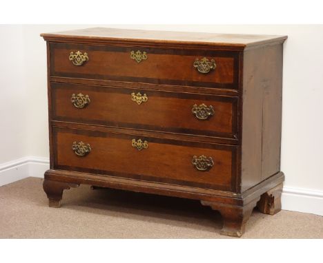 Early 19th century pine, oak and mahogany banded three drawer chest, raised on bracket feet, W111cm, H90cm, D54cm