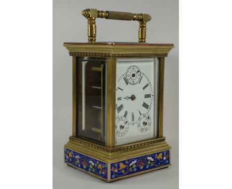 Brass and Cloisonne enamel carriage clock fitted with bevelled glass panels, H19cm
