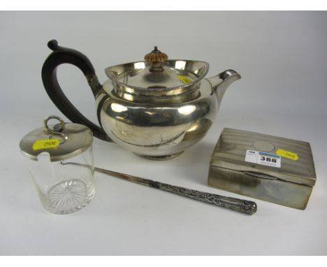 Silver cigarette box, preserve pot, button hook all hallmarked and a Sheffield plate tea-pot