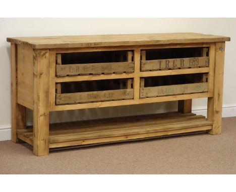 Rustic waxed pine lowline bakers rack, fitted with four vintage trays on potboard base, W175cm, H83cm, D55cm