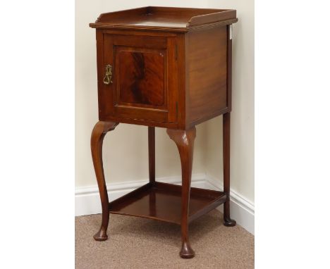 Early 20th century mahogany lamp cabinet enclosed by flamed mahogany panelled door, with cabriole legs and under-tier, W41cm,