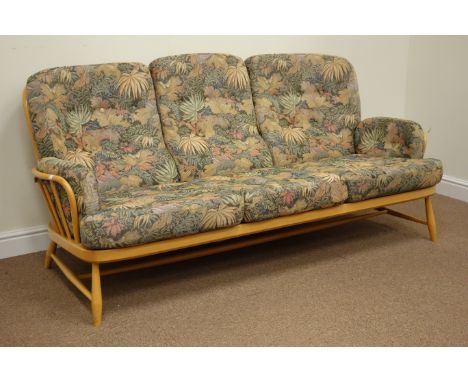 Ercol Windsor light beech three seat sofa fitted with upholstered loose cushions, L196cm