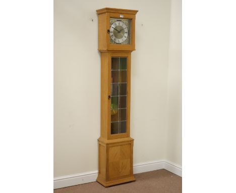 Yorkshire Oak - Craftsman made light oak longcase clock, lead glazed trunk door, double weight striking movement, H192cm