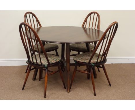 Ercol elm drop leaf dining table (66cm x 113cm (closed)), and four chairs