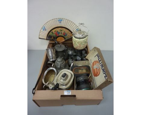 Three piece silver-plated tea set, pewter, gas mask and vintage badges in one box