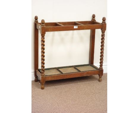 Edwardian oak barley twist stick stand, W70cm, H71cm, D27cm