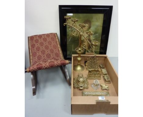 20th century mahogany framed gout stool, brass five branch candlestick H53cm, brass inkwell, Eastern brass tray, other brassw
