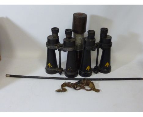 Two pairs military issue binoculars by Barr & Stroud, swagger stick and a telescope in one box 