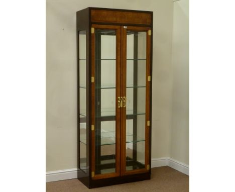 Chinese mahogany and elm, bevelled glass front display cabinet, decorative carved shou symbol, fitted with four glass shelves