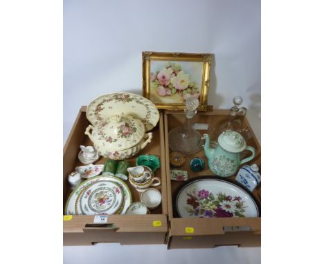 Royal Doulton 'Wallflower' tureen and cover, Spode 'Gloucester' tea caddy, hand painted ceramic panel signed by Vivien Heptin