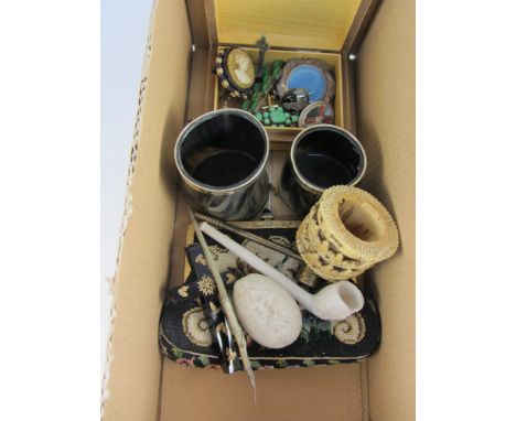 Two Day Birger et Mikkelsen Home horn beakers, vintage hardstone and other brooches, evening bag and miscellanea