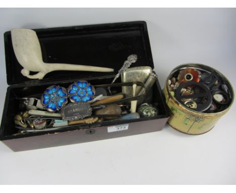 Lacquered glove box containing enamel Yorkshire rose belt buckle by Pearce & Sons Jewellers Leeds, hallmarked silver and othe