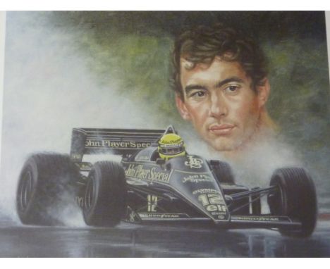 Ayrton Senna and the Lotus Renault JPS Formula One car, limited edition colour print signed and numbered 205/850 in pencil 42