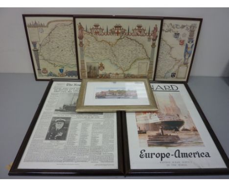 Three Yorkshire maps, colour print of Whitby Harbour, reproduction Cunard poster, and one other item (6) 