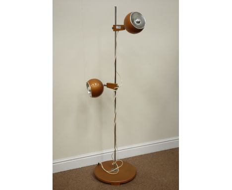1960's standard lamp, two adjustable light heads on chromed metal pole, H147cm