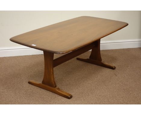 Ercol light elm rectangular coffee table on stretcher base, 129cm x 68cm, H52cm 