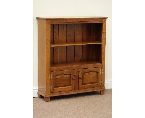 Oak bookcase fitted with single shelf and two cupboards below enclosed by paneled doors, W84cm, H97cm, D27cm