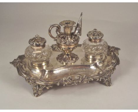 VICTORIAN INKSTAND.A Victorian presentation silver inkstand by Walker & Hall, with integral taper stick & snuffer. Sheffield 