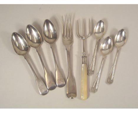 BREAD FORK ETC. A Victorian silver bread fork with pearl handle, Sheffield 1899, spoons etc.