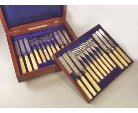 CASED SET.A Victorian Mappin Brothers set of twelve dessert knives & forks in mahogany two-tier case. (One fork missing but r