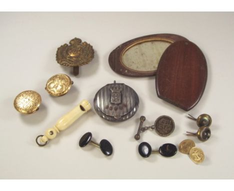MISCELLANEOUS. A French metal souvenir compact, bachelor's buttons etc.