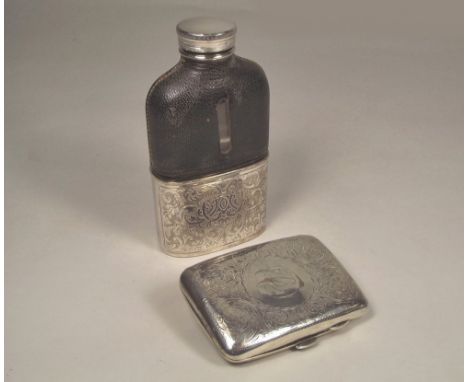 CIGARETTE CASE ETC.An engraved silver cigarette case & a Victorian spirit flask with silver plated cup & screw top.