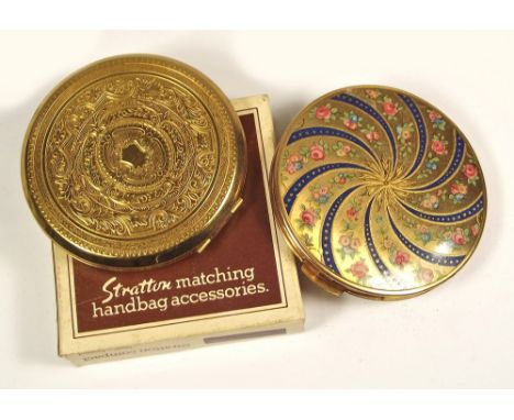 COMPACTS.An unused Stratton gold tone powder compact with slip case & box, & one other powder compact.