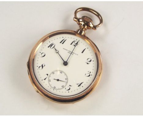 PATEK PHILIPPE. An 18ct. gold Patek Philippe open faced pocket watch, c.1893. The dust cover engraved J. Delaye, Grenoble. Th