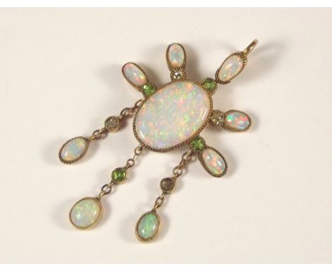 OPAL PENDANT. An Edwardian opal pendant drop, the central stone 1.5 x 1cm & further set with peridot & old cut diamonds. Leng