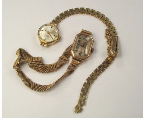GOLD WATCHES. A lady's Art Deco 9ct. gold cased wristwatch with mesh strap & a 9ct. gold cased Rotary wristwatch & strap. (St
