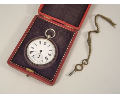 FOB WATCH. A fob watch in engine turned white metal case.
