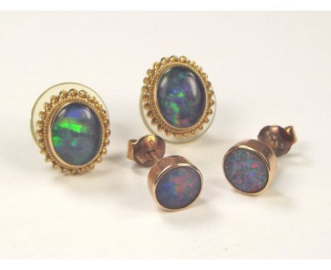 OPAL EARRINGS.A pair of 9ct. gold mounted opal doublet earrings & one pair of opal doublet ear studs.