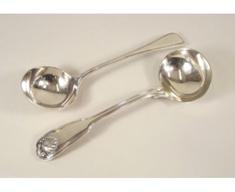 SAUCE LADLES.A George IV fiddle, shell & thread pattern sauce ladle by William Chawner, London 1829 & a later beaded sauce la